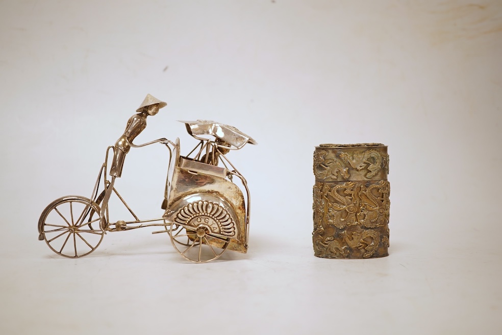A Yogya 835 standard white metal model of figure and rickshaw, length 12cm, together with a Chinese metal box and cover.